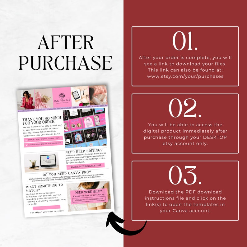 May include: A graphic with three numbered steps for accessing digital products after purchase. Step 1: After your order is complete, you will see a link to download your files. This link can also be found at: www.etsy.com/your/purchases. Step 2: You will be able to access the digital product immediately after purchase through your DESKTOP etsy account only. Step 3: Download the PDF download instructions file and click on the link(s) to open the templates in your Canva account.