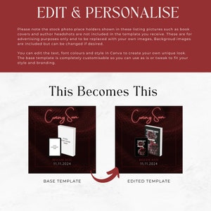 May include: A red and black graphic design template for a book cover. The template features a neon pink "Coming Soon" sign, a book cover placeholder, and the text "Release Date 11.11.2024". The template is labeled "Base Template". A second template is shown with a book cover image and the text "Scarlet's Rat" and is labeled "Edited Template".