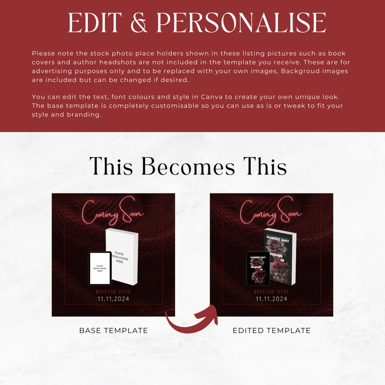 May include: A red and black graphic design template for a book cover. The template features a neon pink "Coming Soon" sign, a book cover placeholder, and the text "Release Date 11.11.2024". The template is labeled "Base Template". A second template is shown with a book cover image and the text "Scarlet's Rat" and is labeled "Edited Template".