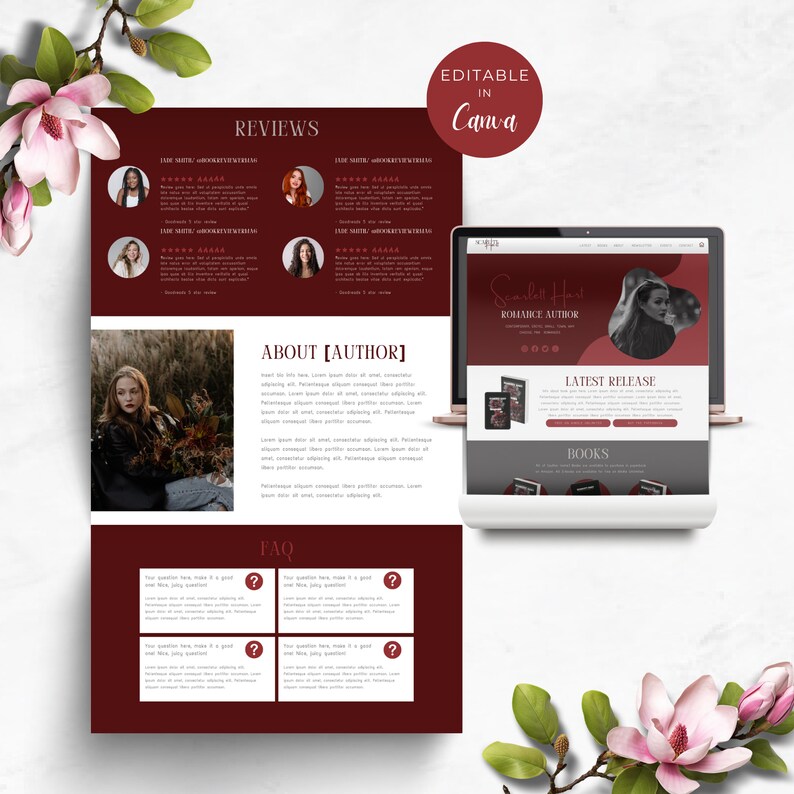 May include: A website mockup for a romance author, featuring a burgundy color scheme with a photo of the author and a book cover. The website includes sections for reviews, about the author, frequently asked questions, and the author's latest release.