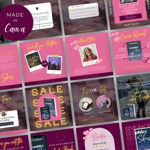May include: A collage of pink and purple Instagram story templates for a book launch. The templates feature a book cover with the title "Sapphire Skies", a sale announcement, a "Would You Rather" question, a "This or That" question, a "Cover Reveal" announcement, and a "Reader Review" section. The templates also include text such as "Coming Nov 2024", "Now Available on Book", and "Read Now".