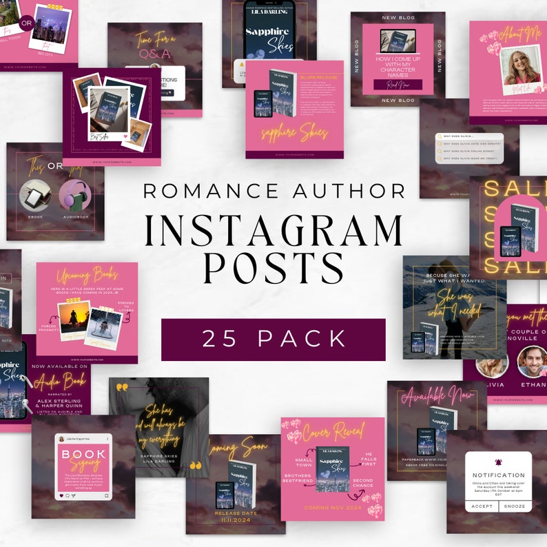 May include: A collage of 25 Instagram post templates for romance authors. The templates feature various designs with pink, purple, and white backgrounds. The text "Romance Author Instagram Posts 25 Pack" is displayed in the centre of the collage.