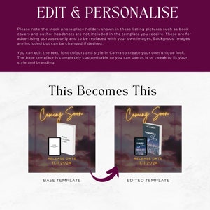 May include: A before and after image showing how to edit a book cover template in Canva. The base template has a placeholder for a book cover and the text "Coming Soon" with a release date of 11.11.2024. The edited template shows a book cover with the title "Sapphire Skies" and the same release date.