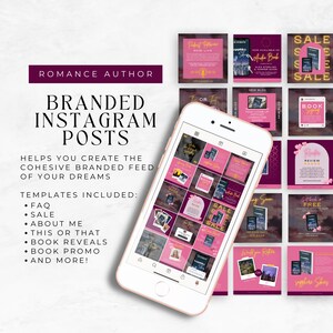 May include: A phone screen displaying a grid of pink and purple Instagram posts for a romance author. The posts include book covers, sale announcements, and author information. The text on the screen reads "BRANDED INSTAGRAM POSTS" and "HELPS YOU CREATE THE COHESIVE BRANDED FEED OF YOUR DREAMS".