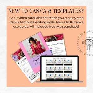 May include: A laptop computer screen displaying nine video tutorials titled "How to Videos" with a pink and purple background. The laptop is open and sitting on a white surface. There are two pink and white guides on the left side of the image, one with the text "Contents" and the other with the text "Your Guide to Canva". The image also includes a pink and white graphic with the text "Flirtly Fictio" in a dripping font.