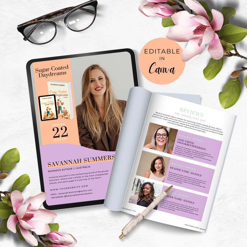 May include: A digital mockup of a book cover for a romance novel titled "Sugar-Coated Daydreams" by Savannah Summers. The cover features a woman with long brown hair and a pink background. The text "Coming January 22" is displayed on the cover. The book cover is displayed on a tablet.