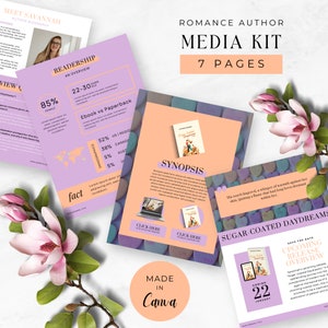 May include: A media kit for a romance author, featuring a pink and purple color scheme with a floral design. The kit includes information about the author's readership, demographics, and upcoming book release. The text "Sugar-Coated Daydreams" is featured prominently.