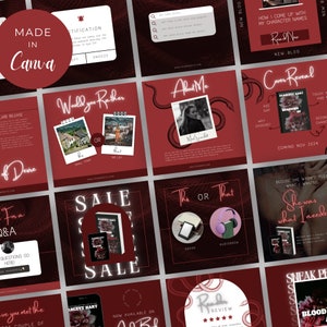 May include: A collage of nine red and black Instagram posts promoting a book titled "Shadows of Desire" by Scarlett Hart. The posts include a cover reveal, a sale announcement, a "Would You Rather" poll, a "This or That" question, a reader review, and an "About Me" post. The posts are designed with a dark, gothic aesthetic.