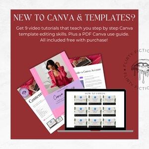 May include: A laptop computer screen displaying nine video tutorials on how to use Canva. The tutorials are titled "How to Videos" and include topics like "Learn all your design basics", "Change your background color", "How to add a photo", "How to add text", "How to change the font", "How to add a border", "How to add a shadow", "How to add a glow", and "How to add a gradient". The laptop is on a red surface with two documents on either side. The document on the left is titled "Contents" and the document on the right is titled "Your Guide to Canva".