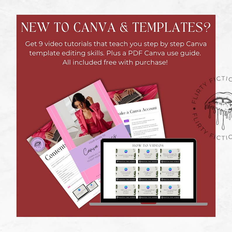May include: A laptop computer screen displaying nine video tutorials on how to use Canva. The tutorials are titled "How to Videos" and include topics like "Learn all your design basics", "Change your background color", "How to add a photo", "How to add text", "How to change the font", "How to add a border", "How to add a shadow", "How to add a glow", and "How to add a gradient". The laptop is on a red surface with two documents on either side. The document on the left is titled "Contents" and the document on the right is titled "Your Guide to Canva".