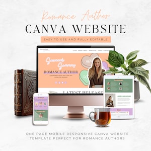 Canva Website Template for Romance Authors | Website Theme for Author | Romance Writer Landing Page | pastel Writer Website Design | SAVA16