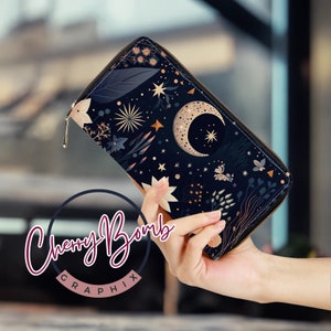 Boho Chic Celestial Floral Moon PU Leather Wallet - Vegan Leather Zip-Up Clutch Wallet Moon Print Large Organizer Wallet Ideal Gift for Her