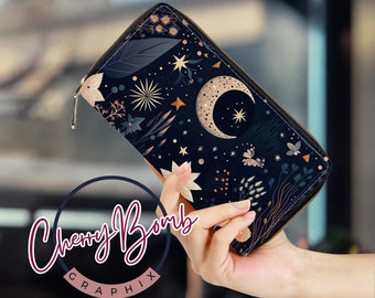 Boho Chic Celestial Floral Moon PU Leather Wallet - Vegan Leather Zip-Up Clutch Wallet Moon Print Large Organizer Wallet Ideal Gift for Her