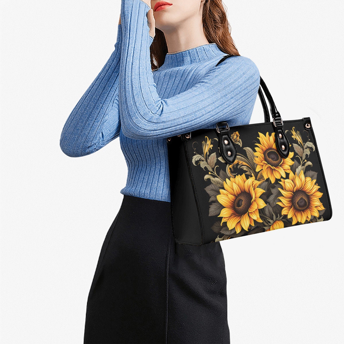 Sunflower Leather Tote Bag  PU Leather Handbag with Flower Pattern, Perfect Sunflower Gift