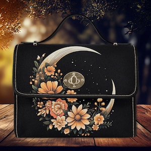 Canvas Crossbody Bag Set - Vegan Leather Edged Witchy Handbag with Floral Design - Moon-Themed Ladies Purse and Matching Wallet