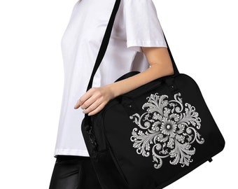 Elegant Nylon Overnight Bag with Ornate Floral Design - Durable Large Capacity Travel Tote with Soft Handles and Shoulder Strap