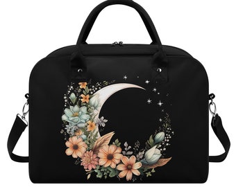 Crescent Moon Floral Holdall Bag - Durable Nylon Travel Tote with Shoulder Strap, Double Zip Closure