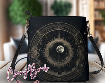 Bolso tipo cubo de piel sintética para mujer con diseño de luna celestial: correa cruzada ajustable para el hombro, cremallera segura, bolso de verano perfecto para el día a día