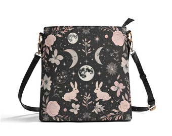 Celestial Moon & Rabbits PU Leather Bucket Bag - Adjustable Crossbody, Elegant Everyday Shoulder Bag with Zip Closure