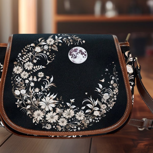 Monedero de bolsa de sillín con diseño de luna creciente / alforja bandolera negra / bolso de hombro floral para brujas