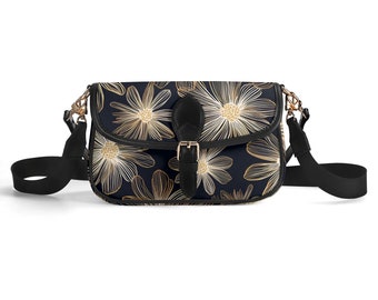 Elegante bolso de hombro floral de piel sintética con cierre de hebilla, elegante bolso estampado ajustable con solapa segura, diseño de múltiples compartimentos