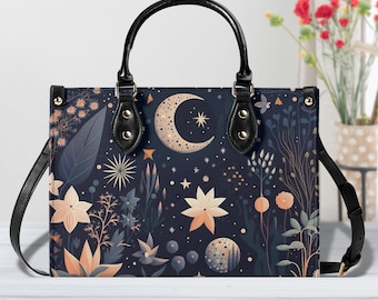 PU Leather Tote Bag - Women's Celestial and Floral Print Handbag