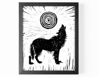 Wolf Linocut Print: Hand-Carved Black & White Wall Art