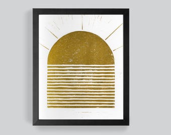 Golden Sunrise Sunset - reflection on water - 8x10 lino block print - sunshine - gold ink