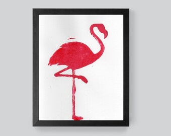 Pink Flamingo Linocut Print: Hand-Carved Block Print, 8x10