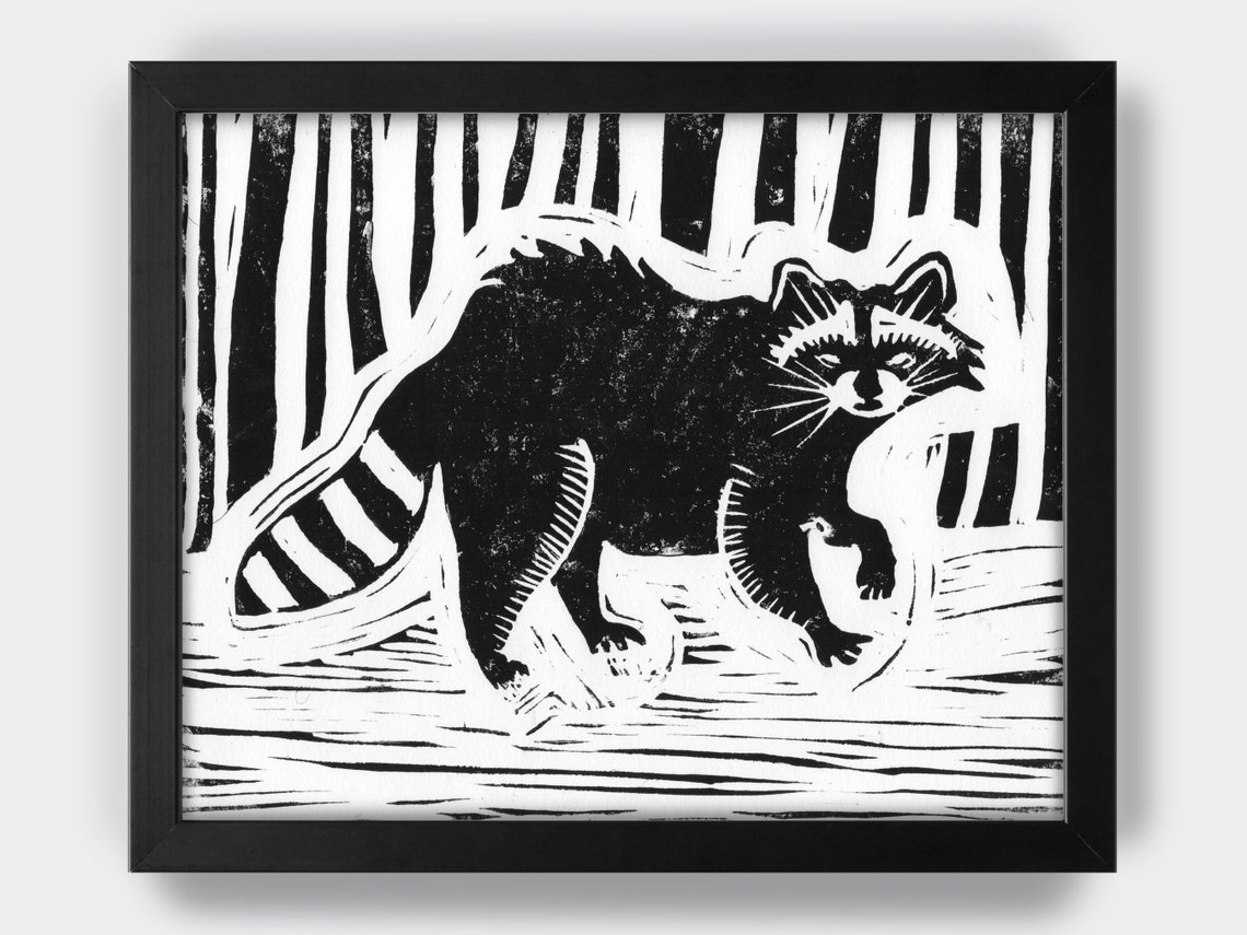 Raccoon Linocut Print: Black & White Forest Art (8x10) - Etsy