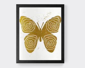Golden Butterfly Linocut Print: Hand-Pressed Art (8x10)