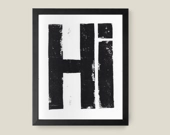 Hi Linocut Print: Hand-Pressed Block Print, Black Ink