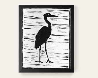 Blue Heron Linocut Print, Black and White Block Print (8x10in)