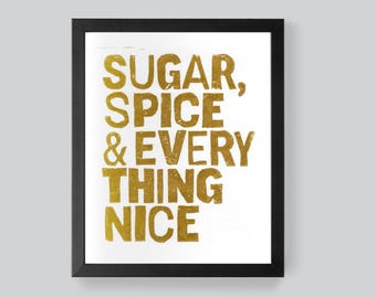 Sugar, Spice & Everything Nice, gold linocut print