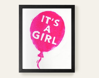 It's a Girl - birth announcement balloon art - Pink - Wall Art -  8x10 - linocut block print