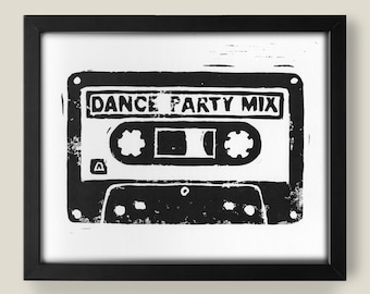 Dance Party Mixtape - Hand carved and hand pressed - Wall art
