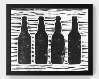 Beer Bottles - 99 bottles of beer on the wall - Hand-Pressed 8x10 - Linocut Print