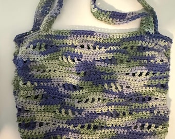 Crochet Sage and Purple Wave Market Bag - Handmade Cotton Tote
