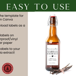 May include: A printable label template for homemade vanilla extract. The label is black and white with the text "homemade vanilla extract" and a small heart. The label is on a brown glass bottle with a red lid. The bottle is sitting on a white surface with vanilla beans.