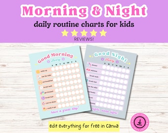 May include: Two printable charts for kids to track their daily routines. The chart on the left is titled "Good Morning" and features a sun, a toilet, a piece of toast, a toothbrush, a lightning bolt, a hairbrush, a pair of shoes, and a car. The chart on the right is titled "Good Night" and features a shower, pajamas, a toothbrush, a hairbrush, a toilet, a book, a moon, and a sleeping unicorn. Both charts have a space for each day of the week and a row of circles for each task.