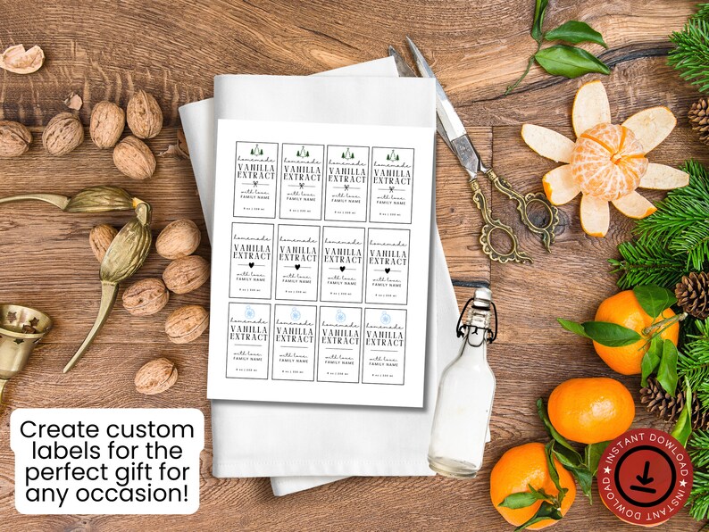 May include: Printable labels for vanilla extract bottles. The labels feature a simple design with a heart and a small tree graphic. The text on the labels reads "Homemade Vanilla Extract with Love".