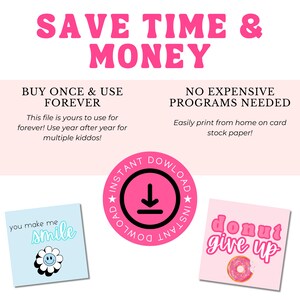 May include: A pink and white graphic with the text "SAVE TIME & MONEY". Includes the phrases "BUY ONCE & USE FOREVER" and "NO EXPENSIVE PROGRAMS NEEDED". Features a blue square with a smiling flower and a pink square with a donut.