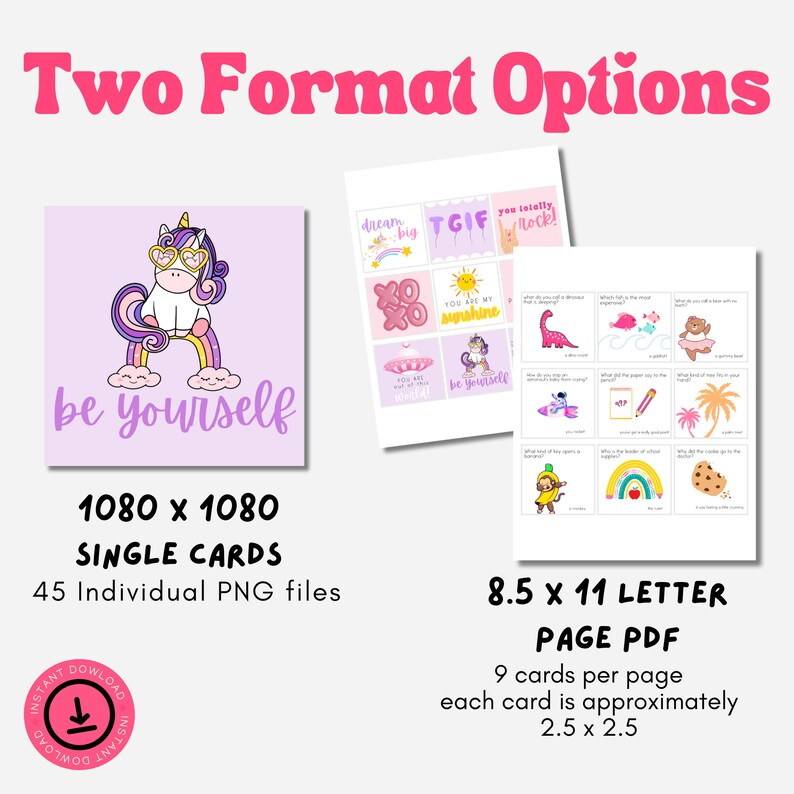 May include: A digital download product with two format options. One option is a 1080 x 1080 single card format with 45 individual PNG files. The other option is an 8.5 x 11 letter page PDF with 9 cards per page, each card approximately 6.35 x 6.35 cm.