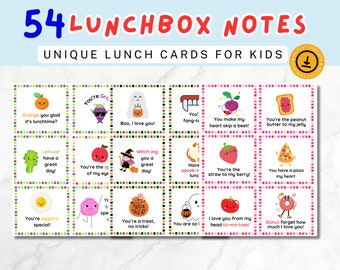 Peut inclure: Cinquante-quatre notes de boîte à lunch imprimables avec de jolies illustrations et des jeux de mots sur le thème d'Halloween. Les notes sont conçues pour les enfants et comprennent des phrases comme "Orange you glad it's lunchtime?" et "You're the straw to my berry!"