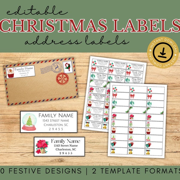 Christmas Address Labels, Vintage Christmas Labels, Personalized Address Labels, Christmas Labels, Return Address Labels Template, Labels
