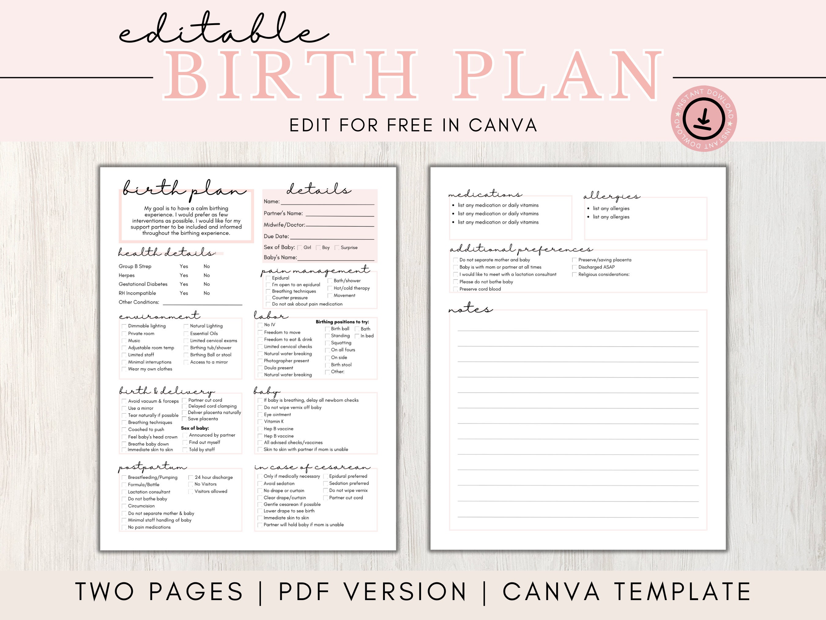 Birth Plan Template, Pregnancy Planner, Labor and Delivery, Natural ...