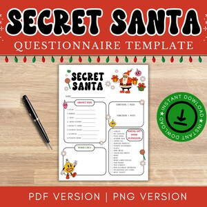 Secret Santa Questionnaire, Christmas Printable, Secret Santa Form, Secret Santa Printable, Christmas Wish List, Christmas List Template
