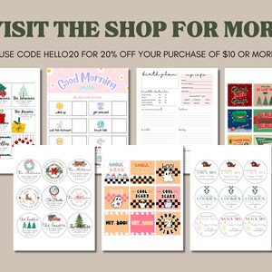 May include: A set of printable digital stickers featuring various designs, including Christmas, Halloween, and birthday themes. The stickers feature festive colors and illustrations, such as Santa Claus, ghosts, and a birthday cake. The text "VISIT THE SHOP FOR MORE" and "USE CODE HELLO20 FOR 20% OFF YOUR PURCHASE OF $10 OR MORE!" is displayed at the top of the image.
