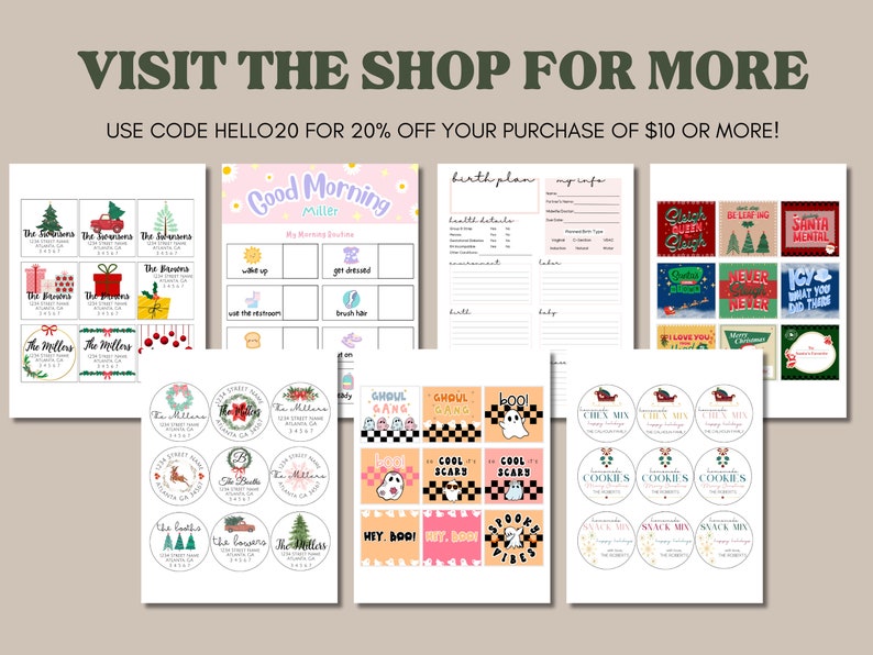 May include: A set of printable digital stickers featuring various designs, including Christmas, Halloween, and birthday themes. The stickers feature festive colors and illustrations, such as Santa Claus, ghosts, and a birthday cake. The text "VISIT THE SHOP FOR MORE" and "USE CODE HELLO20 FOR 20% OFF YOUR PURCHASE OF $10 OR MORE!" is displayed at the top of the image.