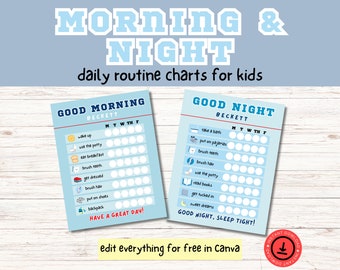 May include: Blue and white daily routine charts for children, labelled "Morning & Night." The charts include tasks like "wake up," "brush teeth," and "put on pyjamas." The text "edit everything for free in Canva" is also visible.